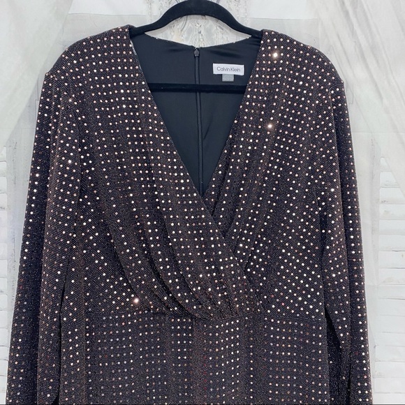 Calvin Klein Plus Metallic Dot Surplice Copper Gold Long Sleeve Sheath Dress - Picture 8 of 11